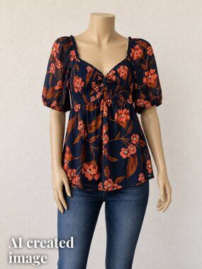 DR2 Navy and Coral short sleeve blouse - Medium